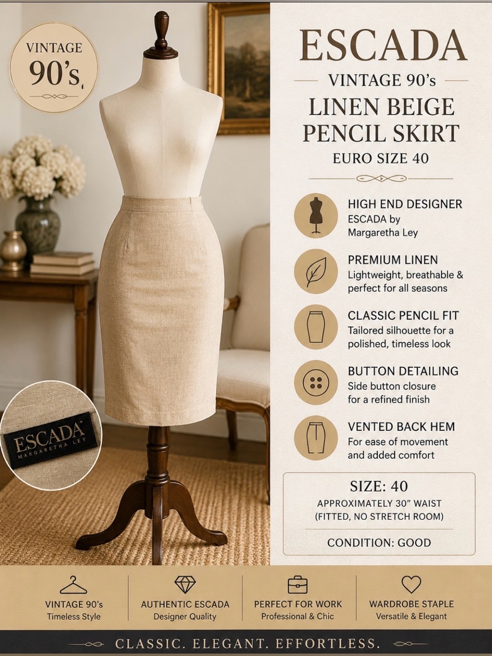 *Escada - vintage 90’s- Linen Beige Pencil Skirt, button detailing- euro size 40